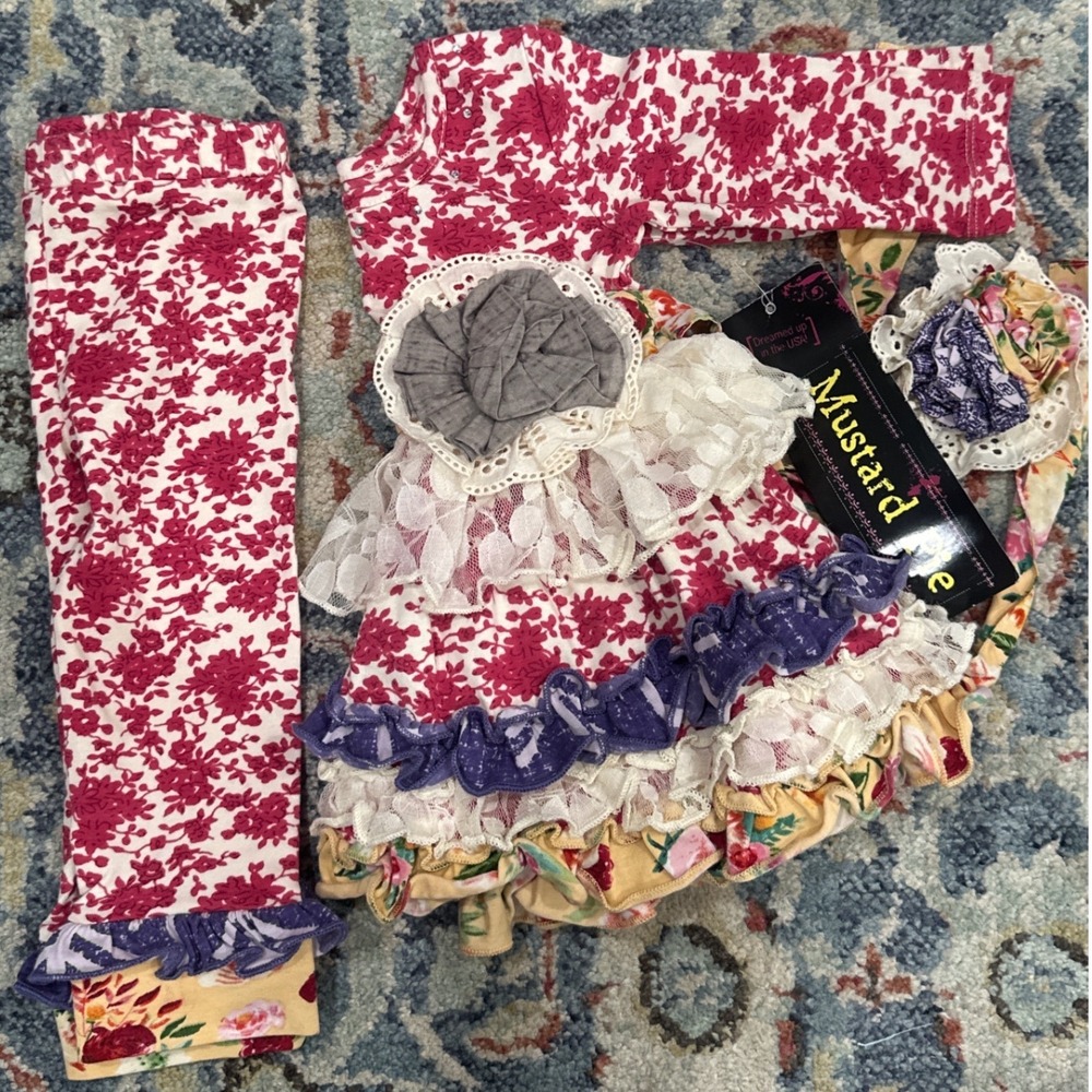 Mustard Pie Ruffle Tunic Leggings Set Girls 6M Pink Floral Boutique NWT